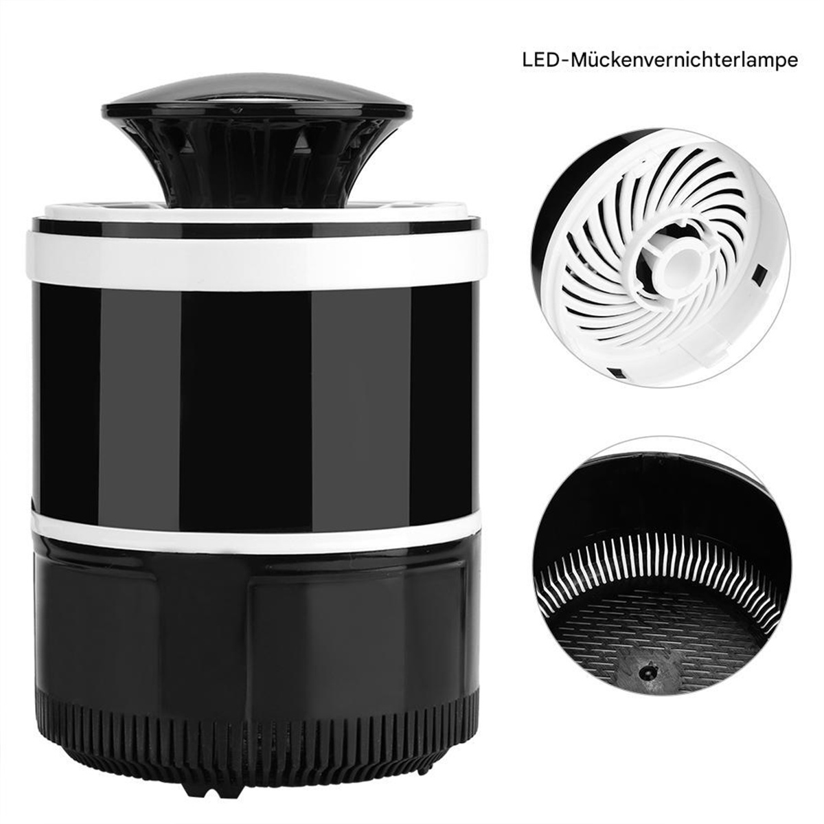 Schwarz-weiße Mückenvernichterlampe mit Details von oben und unten.