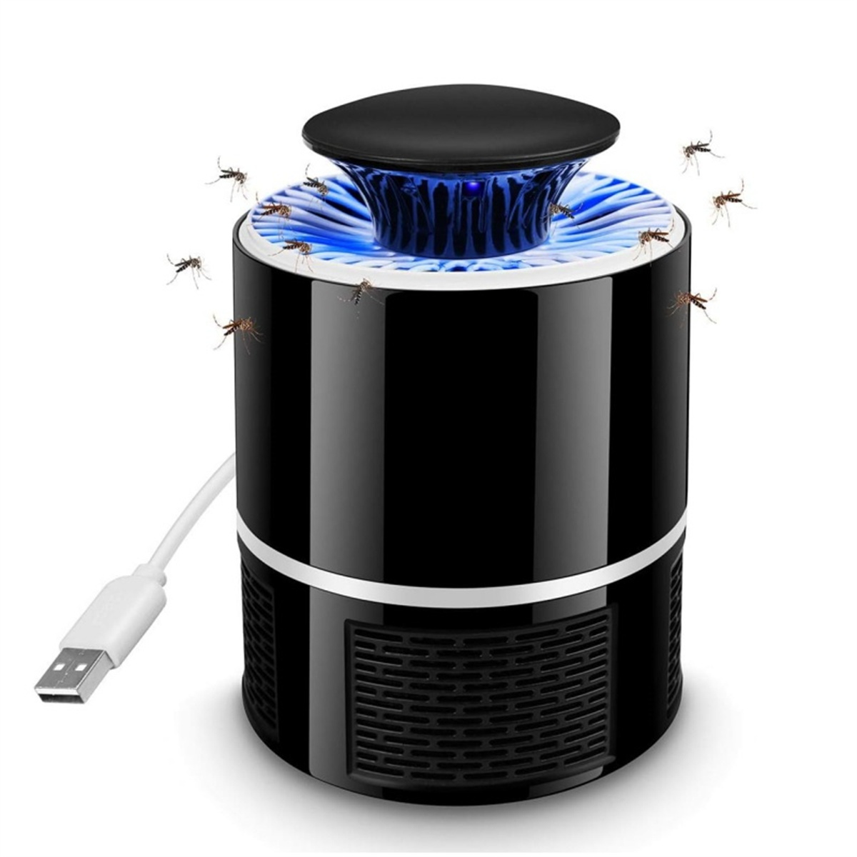 Schwarzer Insektenvernichter mit blauem Licht und Moskitos. USB-Kabel links. Weißer Hintergrund.