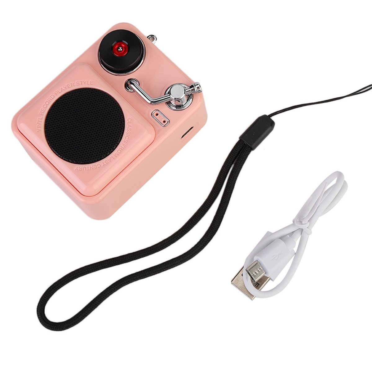 Rosa Retro-Plattenspieler mit schwarzem Riemen und weißem USB-Kabel.