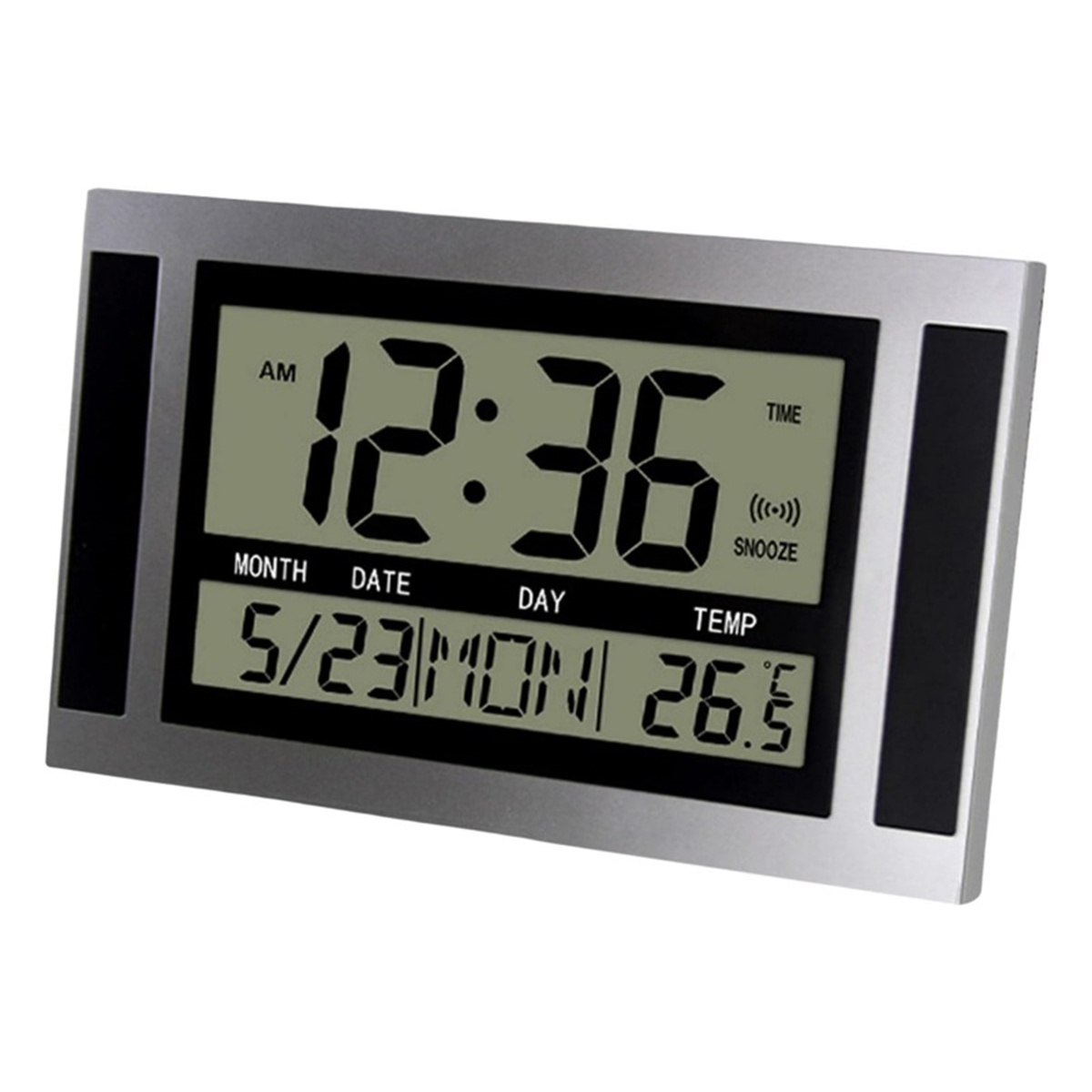 Digitaluhr mit Anzeige 12:36, Datum 5/23 und Temperatur 26,5 in silbernem Rahmen.