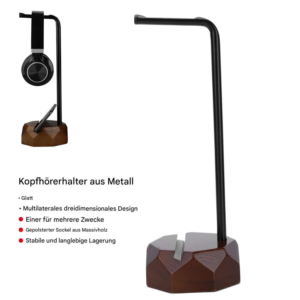 Ein Kopfhörerständer aus Metall. Er hat einen Holzsockel mit Handyhalter und einen schwarzen Arm.