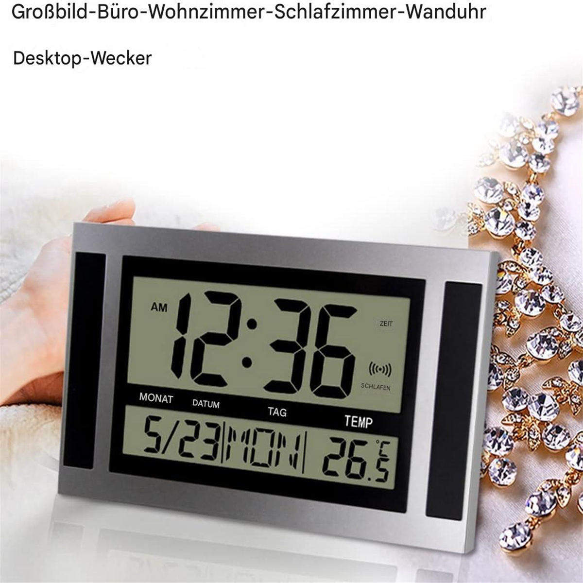 Silberne Digitaluhr mit Anzeige von Zeit, Datum und Temperatur. Im Hintergrund eine Halskette.