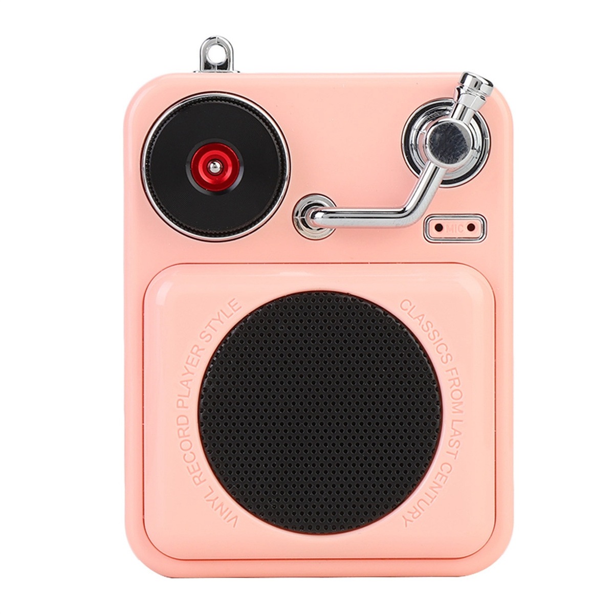 Ein rosa Radio im Retro-Stil mit einem schwarzen Lautsprecher, einem Plattenspieler und einem Chromgriff. Der Text 'KLASSIKER AUS DEM LETZTEN JAHRHUNDERT'.