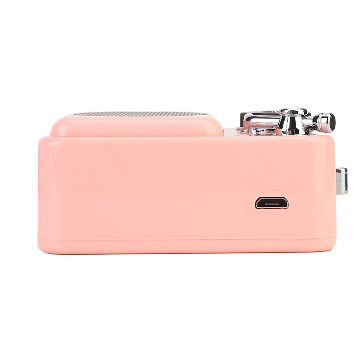Ein kleines rosa Retro-Radio mit USB-Anschluss und Knöpfen.
