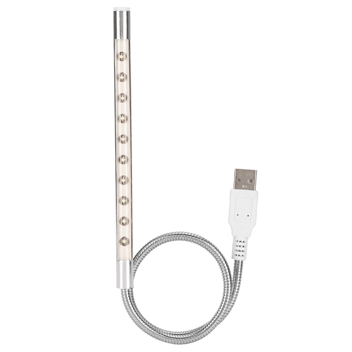 Eine flexible LED-USB-Lampe mit weißem Kabel und weißem USB-Anschluss.
