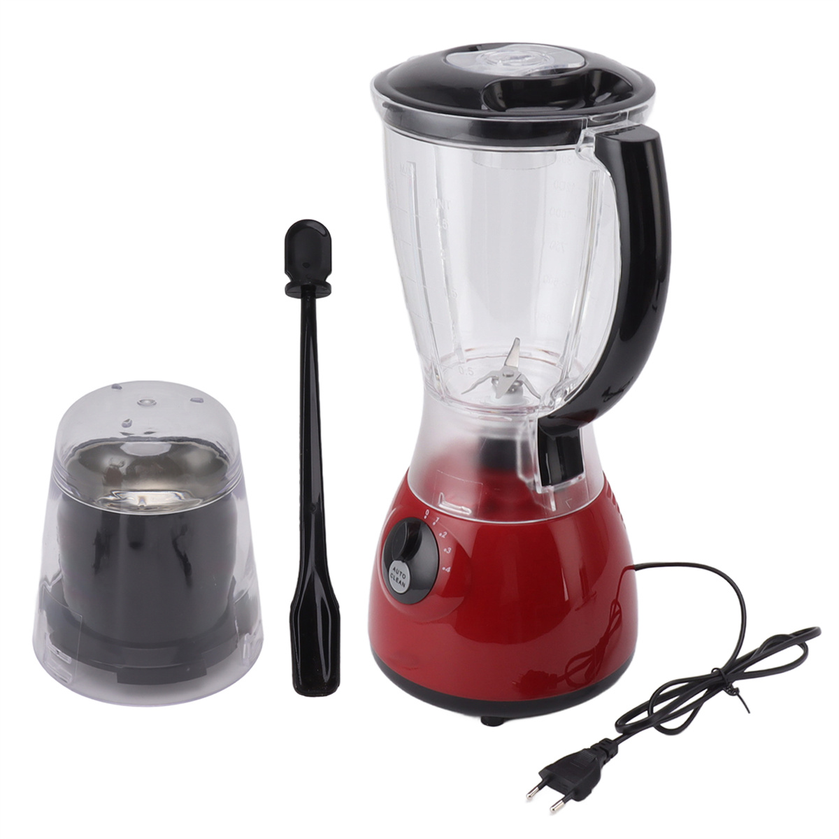 Ein roter Mixer mit schwarzem Deckel, ein schwarzer Mahlwerk, ein schwarzer Rührstab und ein Netzkabel.