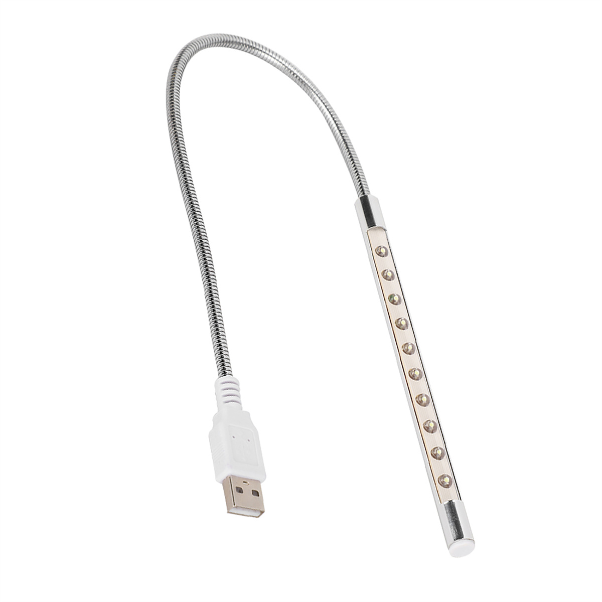Flexibles LED-USB-Licht mit silbernem Hals und weißem USB-Anschluss. Weißer Hintergrund.