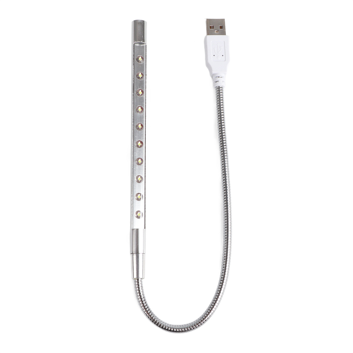 USB-LED-Lampe mit flexiblem Metallhals und weißem USB-Anschluss.