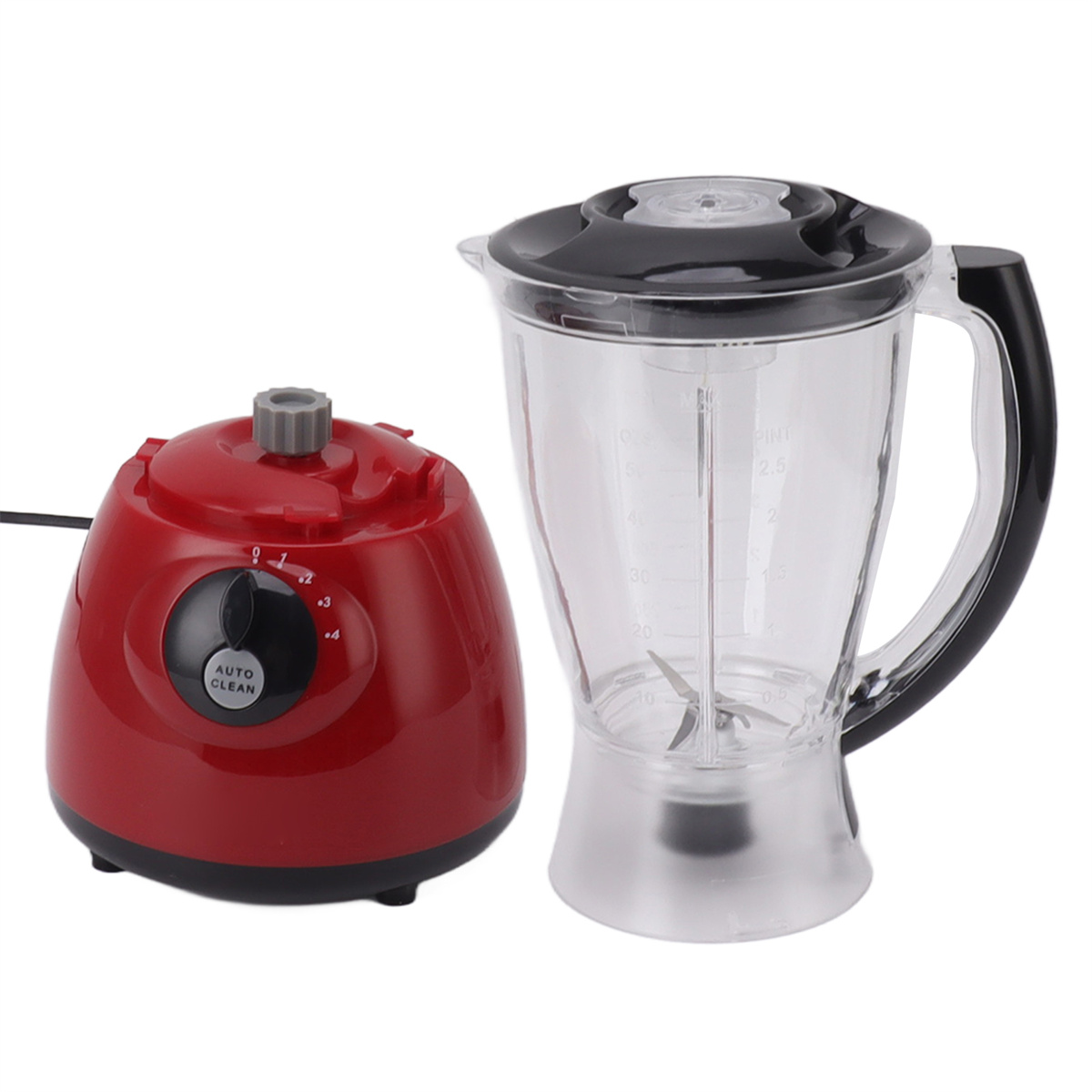 Roter Mixerfuß mit einem durchsichtigen Mixbehälter, mit Auto-Reinigungsfunktion.