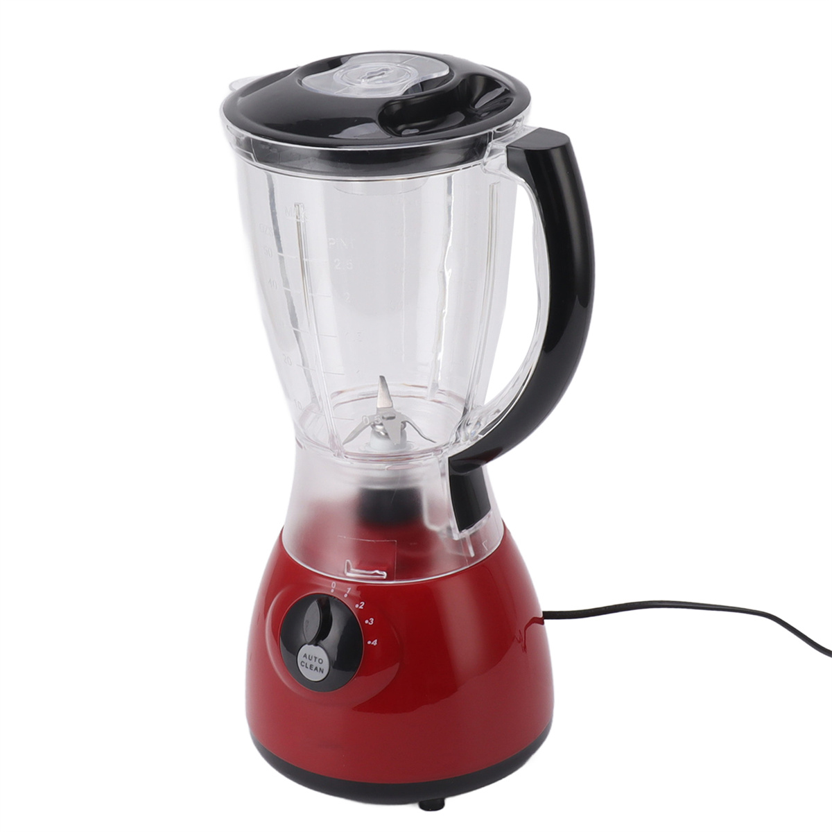 Ein rot-schwarzer Mixer mit einem transparenten Behälter und einem schwarzen Griff auf weißem Grund.