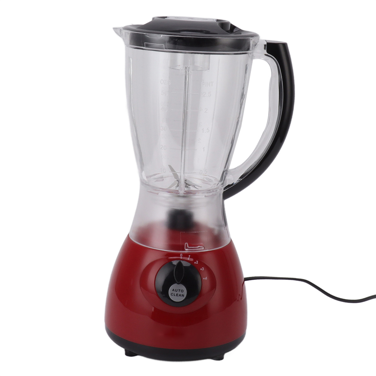 Roter Mixer mit durchsichtigem Krug. Der Sockel hat einen Drehknopf für verschiedene Geschwindigkeiten.