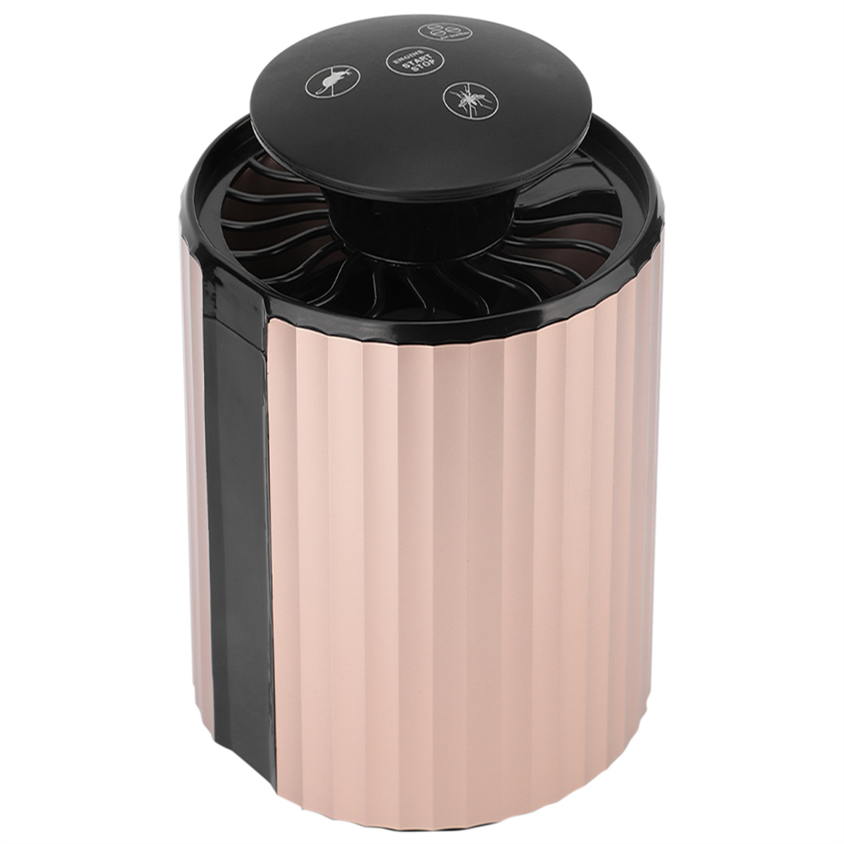 Roségoldener Mückenvernichter. Er hat einen schwarzen Deckel und einen geriffelten Körper.
