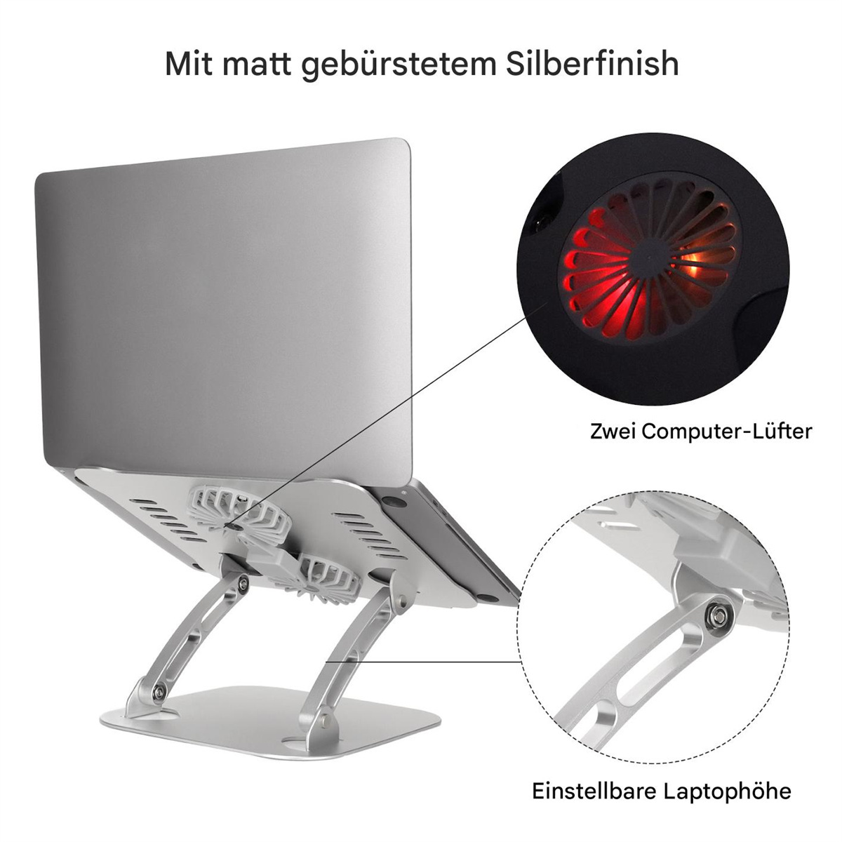 Ein Laptop auf einem silbernen Ständer mit zwei Lüftern, mit Text und Details.