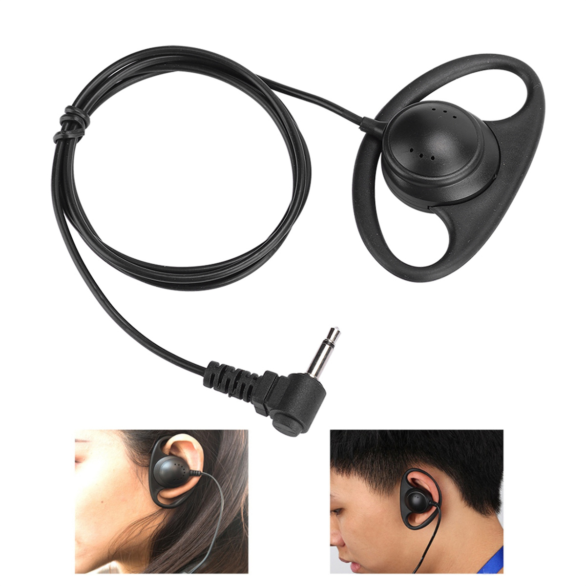 Schwarze In-Ear-Kopfhörer mit Kabel, Klinkenstecker und Bildern von Personen, die sie tragen.