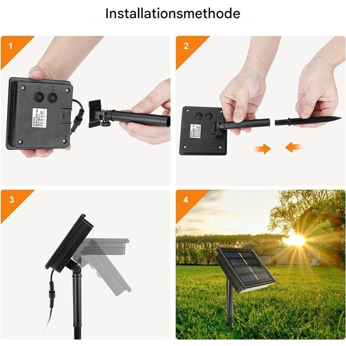 Vierfeldige Anleitung zur Installation eines Solarpanels mit Händen und Komponenten.