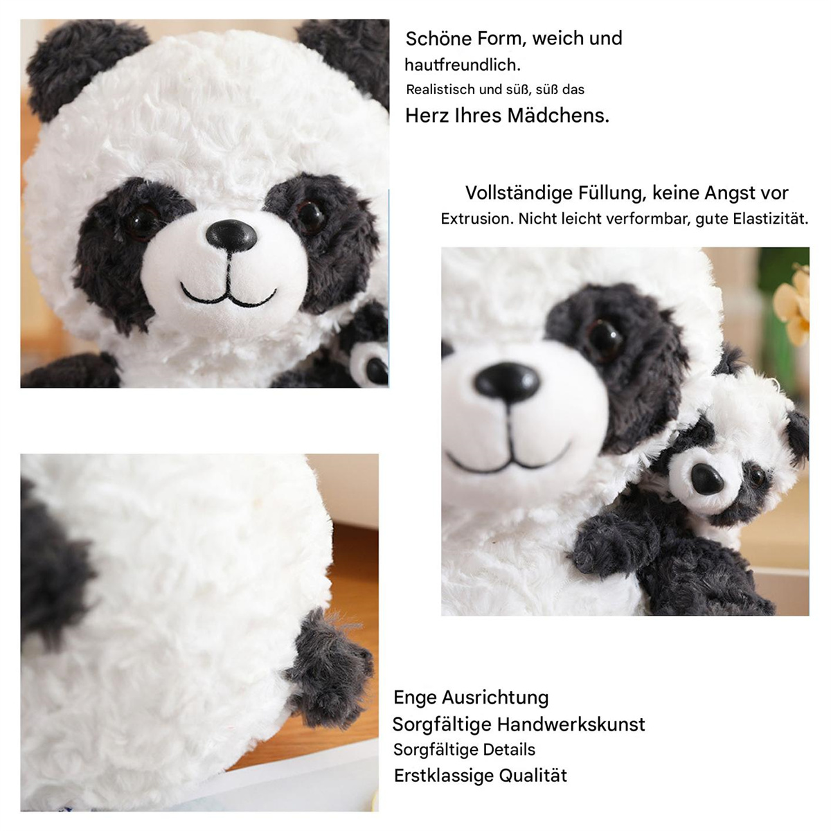 Panda-Plüschtier mit weißem und schwarzem Fell. Das Spielzeug hat ein lächelndes Gesicht und ist sehr detailliert.