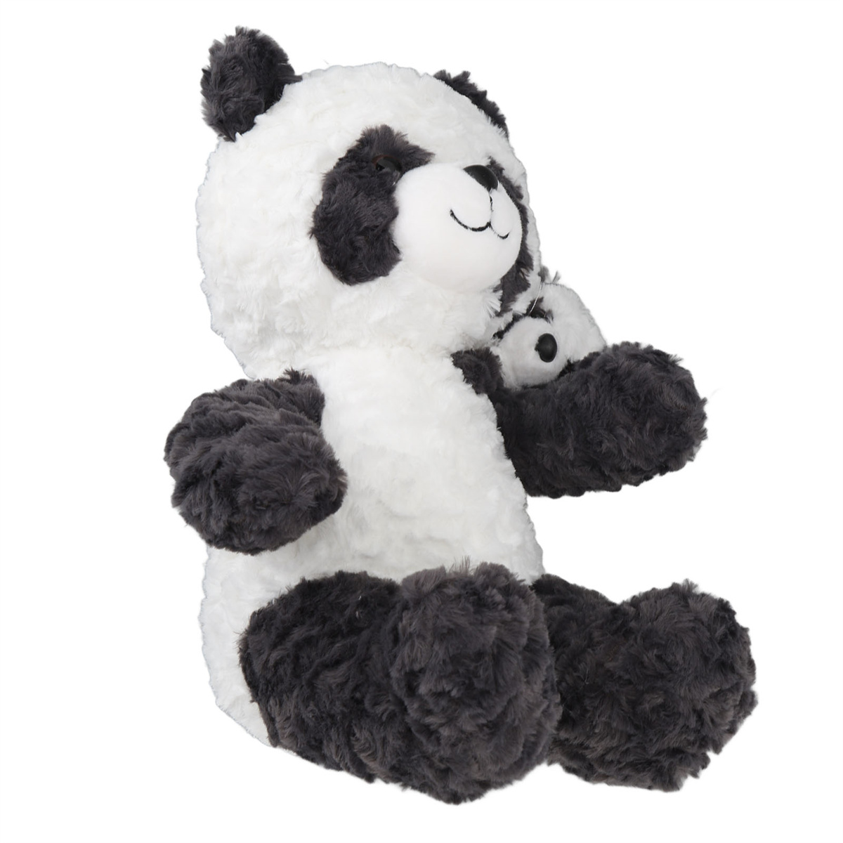 Panda-Bär-Plüschtier mit kleinem Panda. Er sitzt.