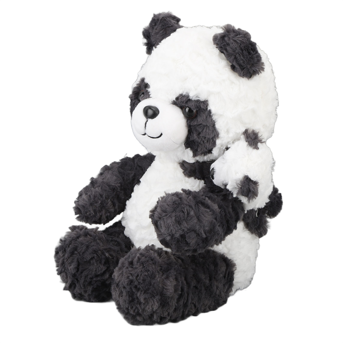 Ein Panda-Plüschtier, sitzend. Es ist schwarz und weiß und hat ein kleines Panda-Junges.
