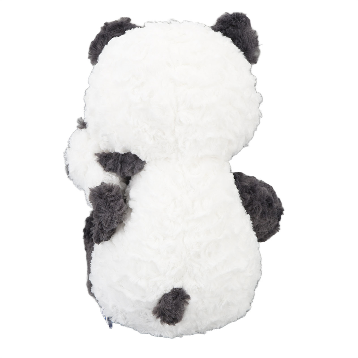 Weißer und schwarzer Plüschpanda. Rückansicht. Schwarze Ohren und Flecken.