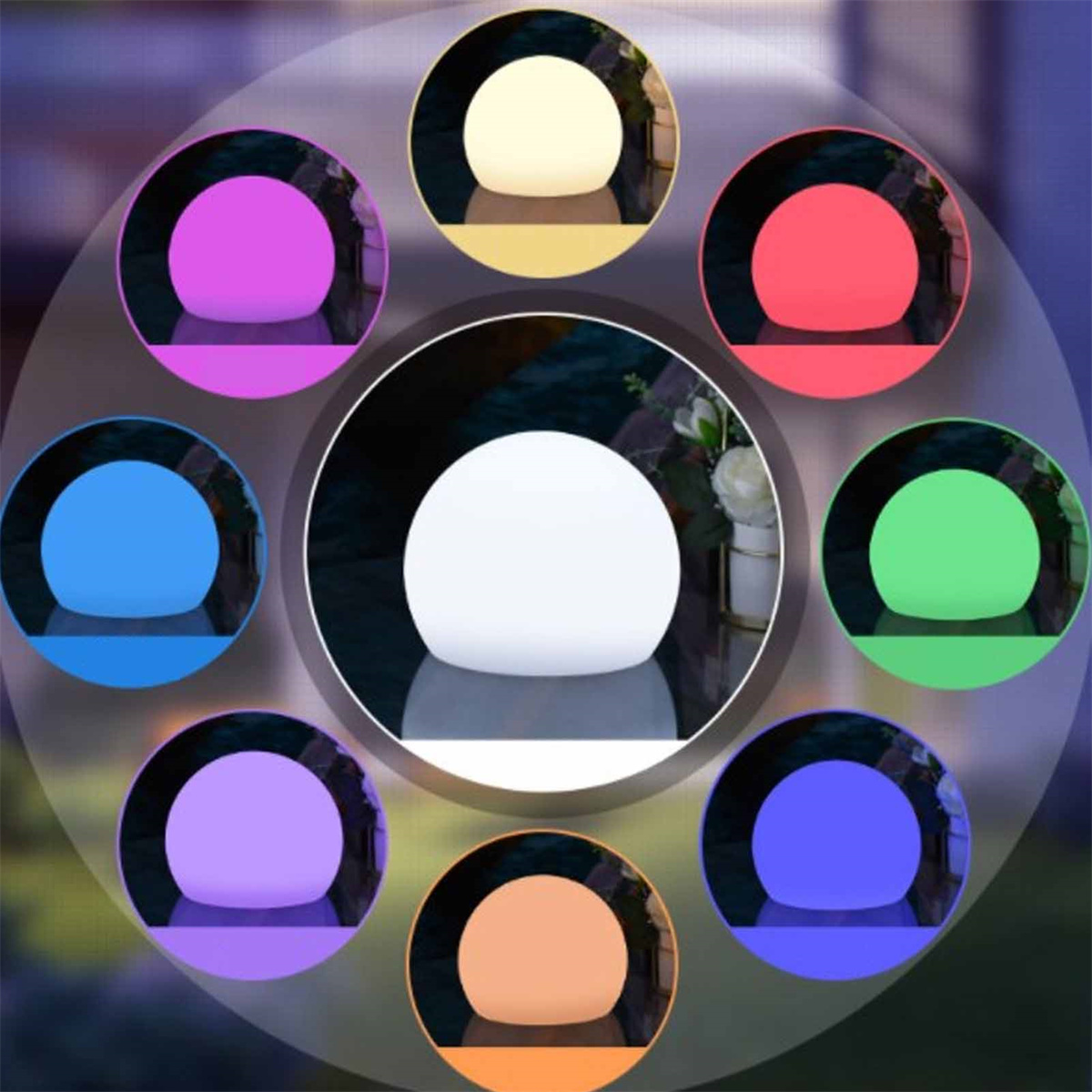 Eine Ansammlung farbenfroher Kugel-Lichter. Jede Kugel strahlt eine andere Farbe aus.