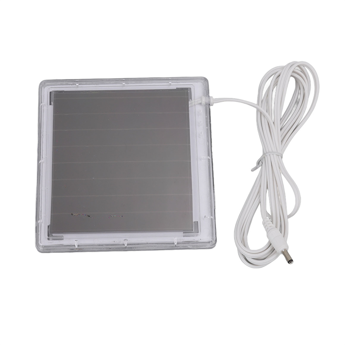 Ein Solarpanel in einem transparenten Kunststoffrahmen mit weißem Kabelanschluss.