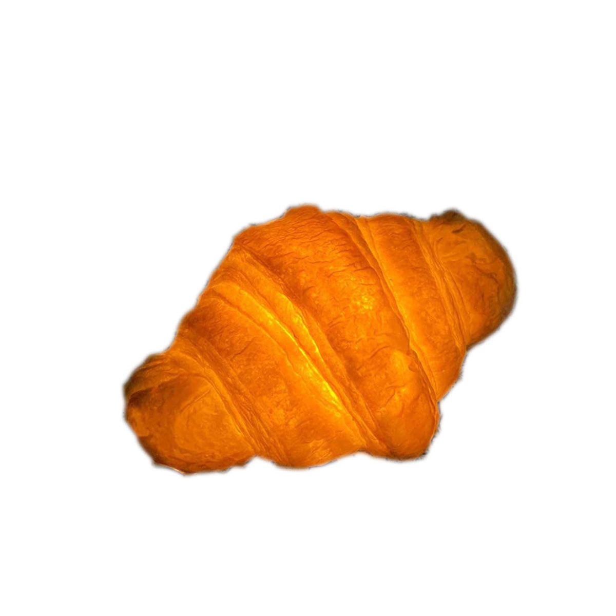Ein goldbraunes Croissant auf weißem Hintergrund. Es hat eine blättrige Textur und eine gebogene Form.