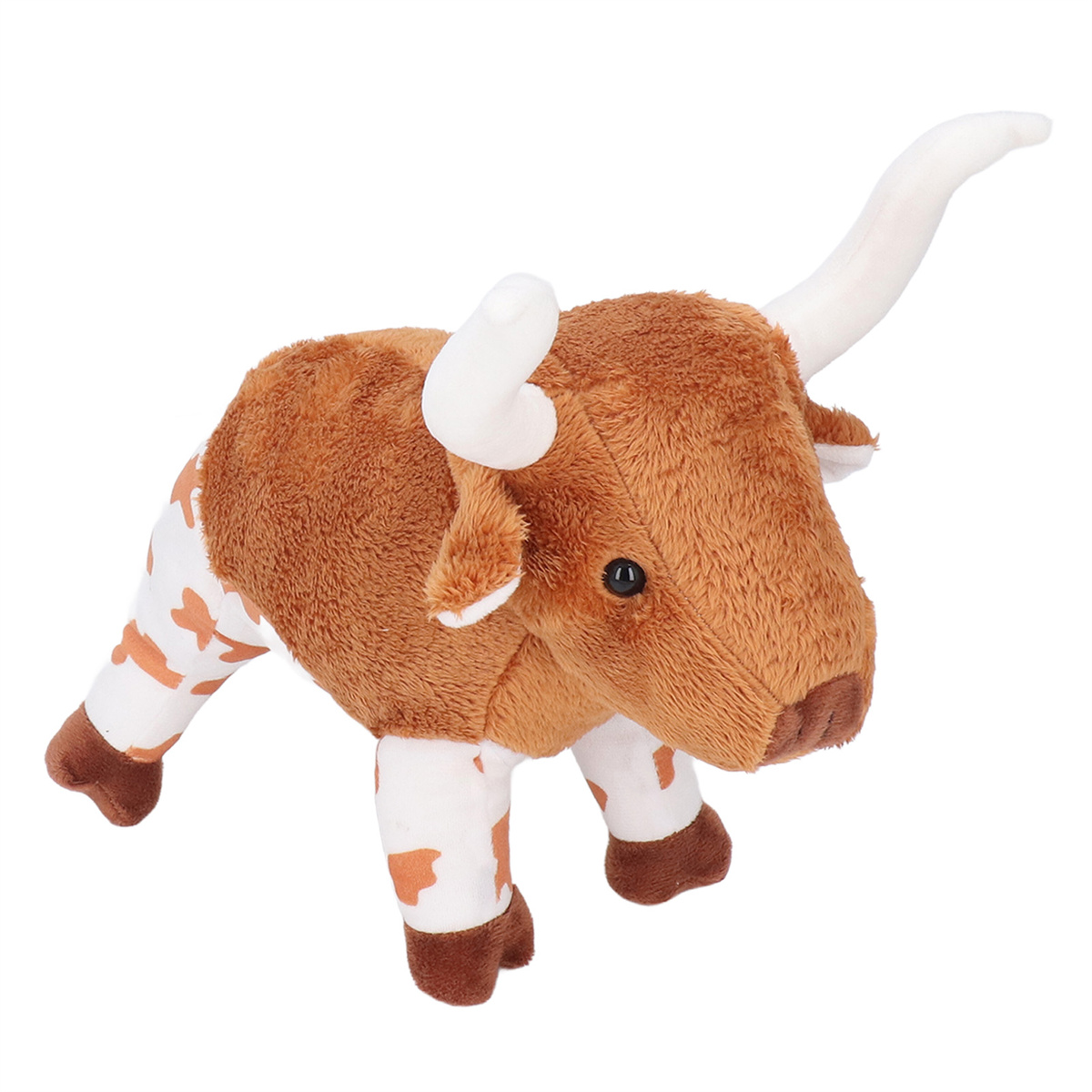 Braunes und weißes Plüschtier eines Longhorn-Ochsen, mit großen Hörnern und Schwanz.
