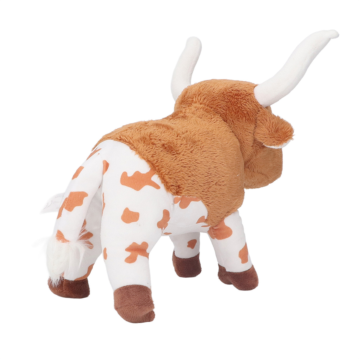 Ein Plüschtier eines Longhorn-Rinds. Es ist braun und weiß mit großen weißen Hörnern. Rückansicht.