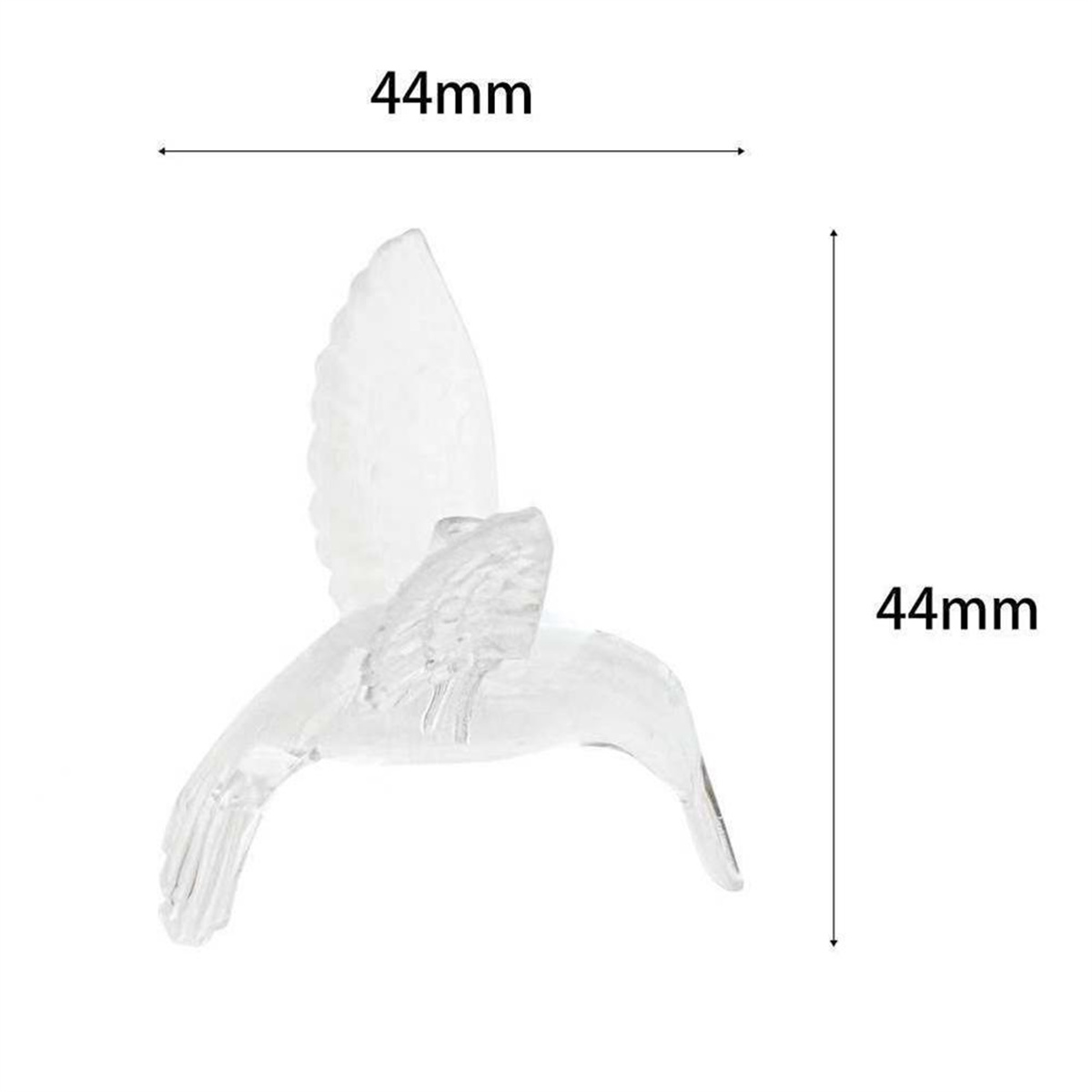 Eine weiße Kolibri-Figur, mit den Maßen 44 mm auf jeder Seite markiert.