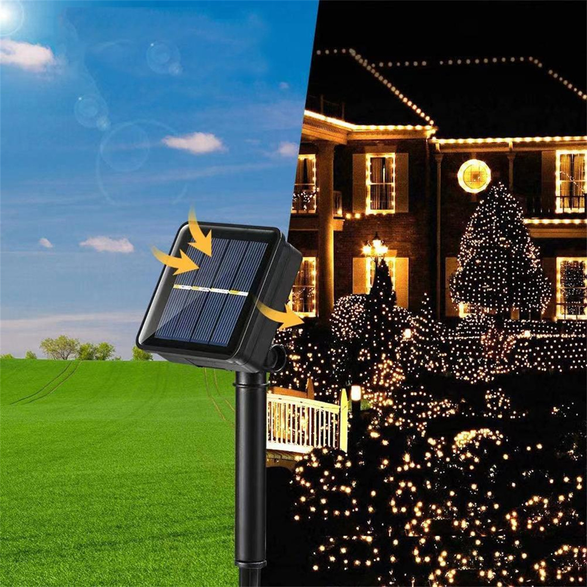 Solarpanel-Setup bei Tageslicht, Haus nachts beleuchtet, zeigt Solarenergie-Konzept.
