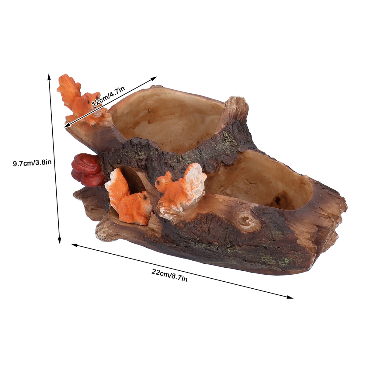Ein Holzpflanzer mit zwei Eichhörnchen und einer Nuss, mit abgebildeten Maßen.