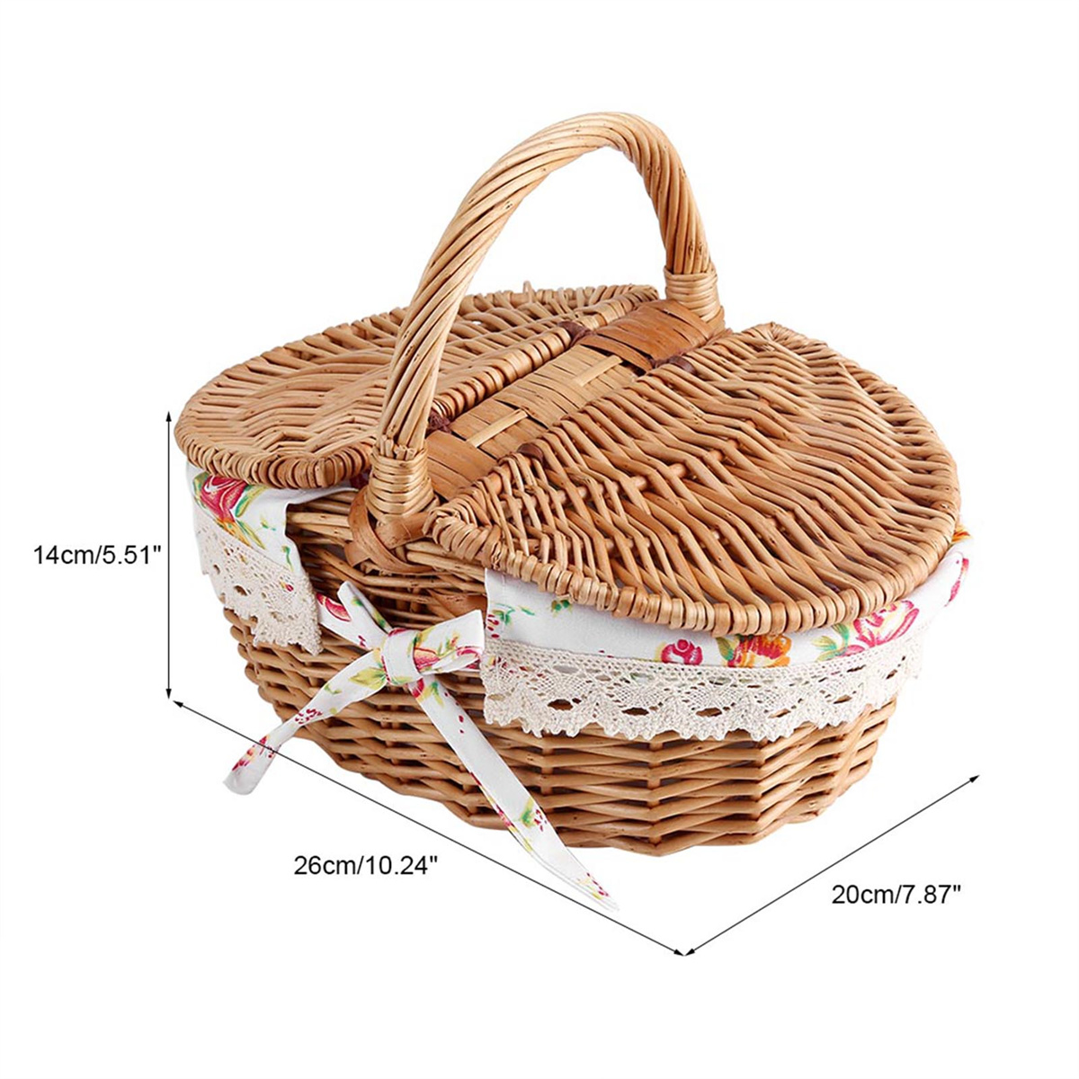 Weiden-Picknickkorb mit Griff, floralem Futter und Abmessungen 26x20x14cm.
