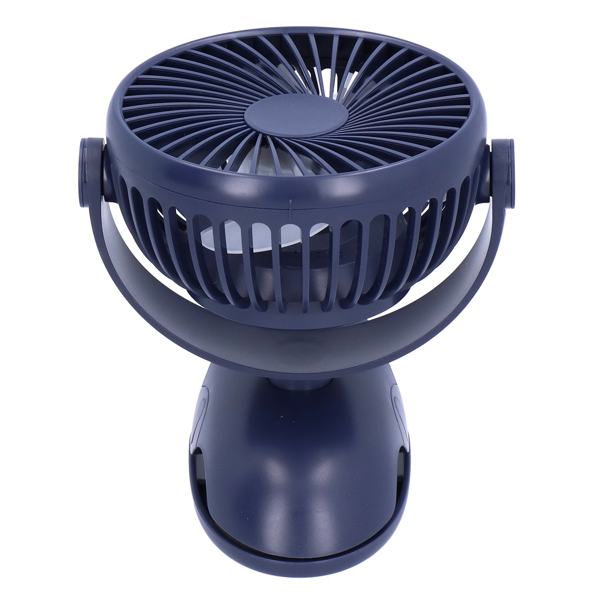 Ein dunkelblauer Schreibtischventilator mit rundem Ventilatorkopf. Der Sockel ist ebenfalls dunkelblau.