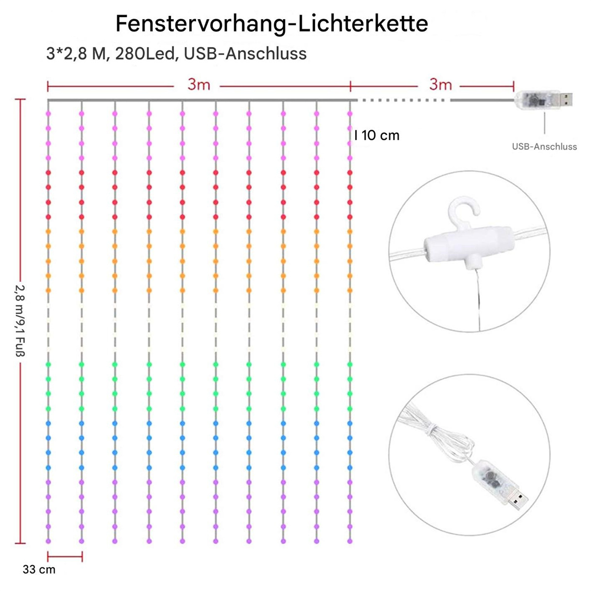 Ein Vorhang aus bunten Lichtern mit Abmessungen und USB-Anschlussdetails.
