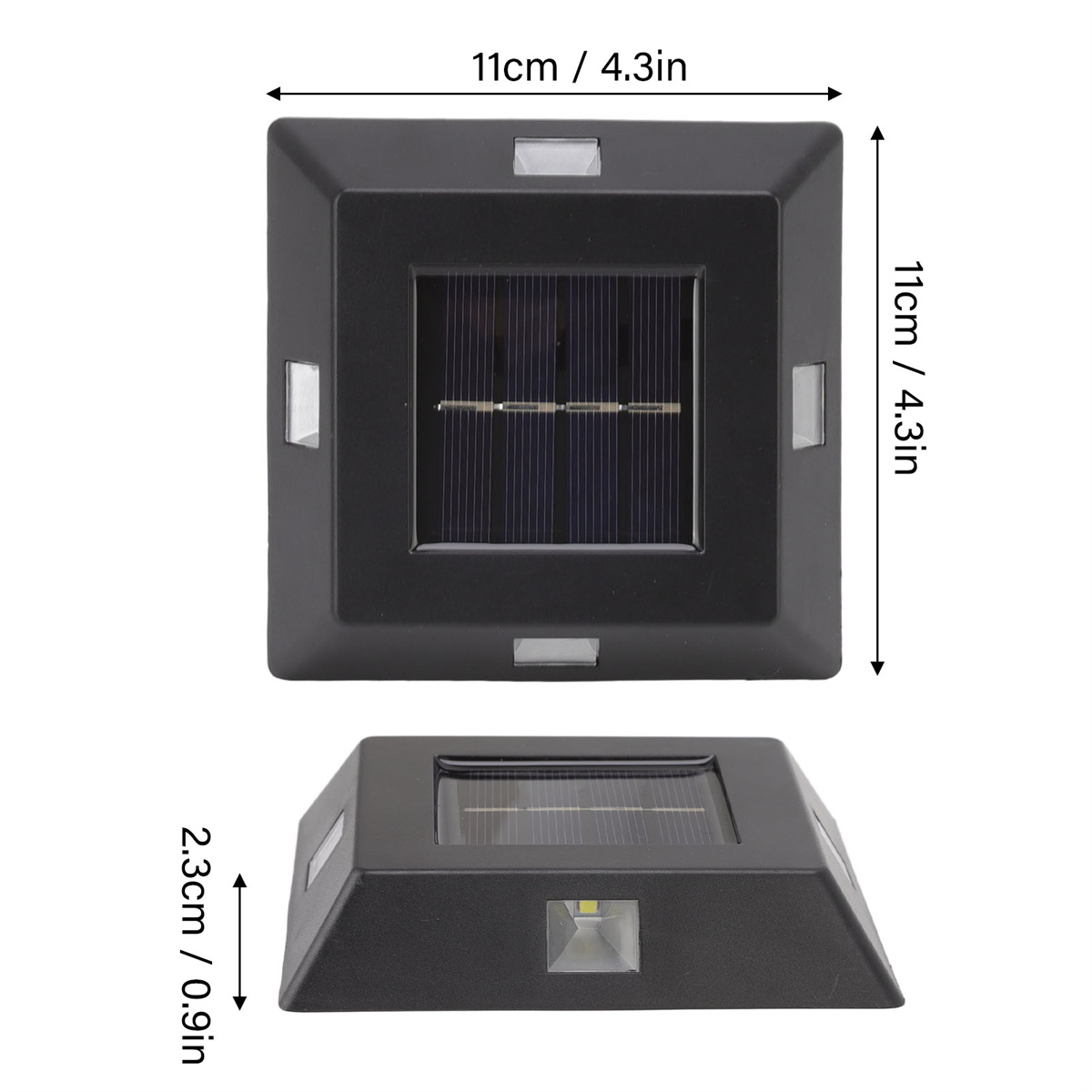 Zwei schwarze, quadratische Solarleuchten. Eine ist Draufsicht mit Abmessungen. Die andere Seitenansicht.