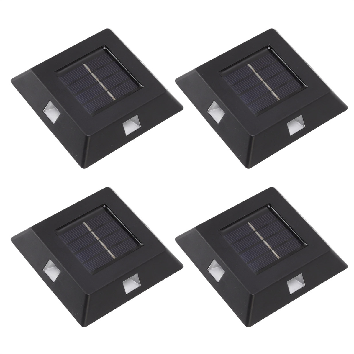 Vier schwarze Solarpanel-Leuchten, eng angeordnet.