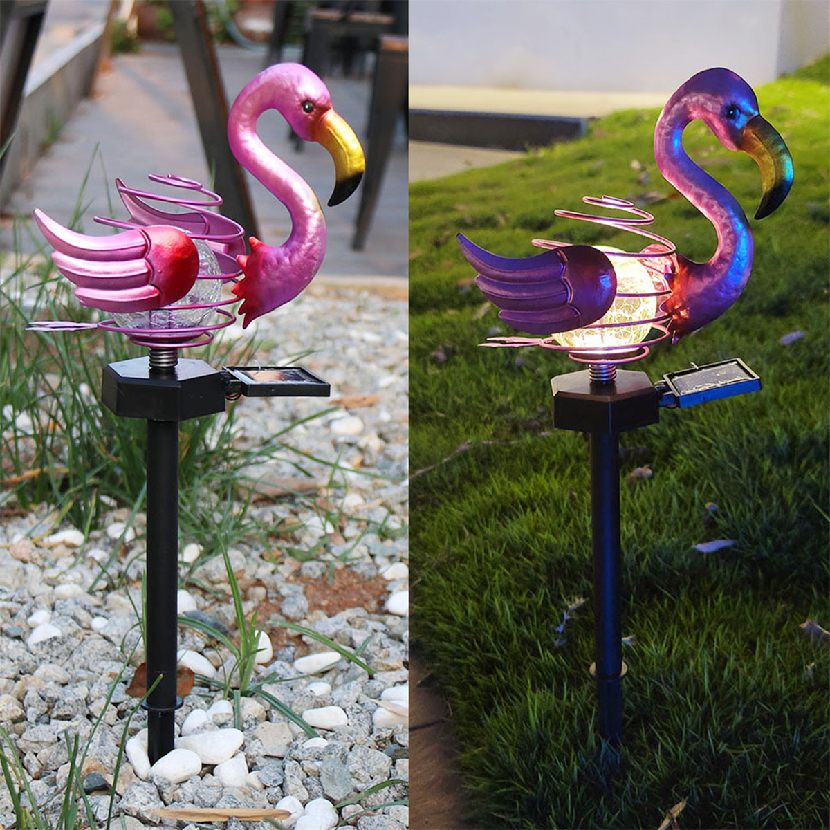 Zwei Flamingo-Gartenleuchten. Eine leuchtet rot, die andere blau. Beide haben Solarpanels.