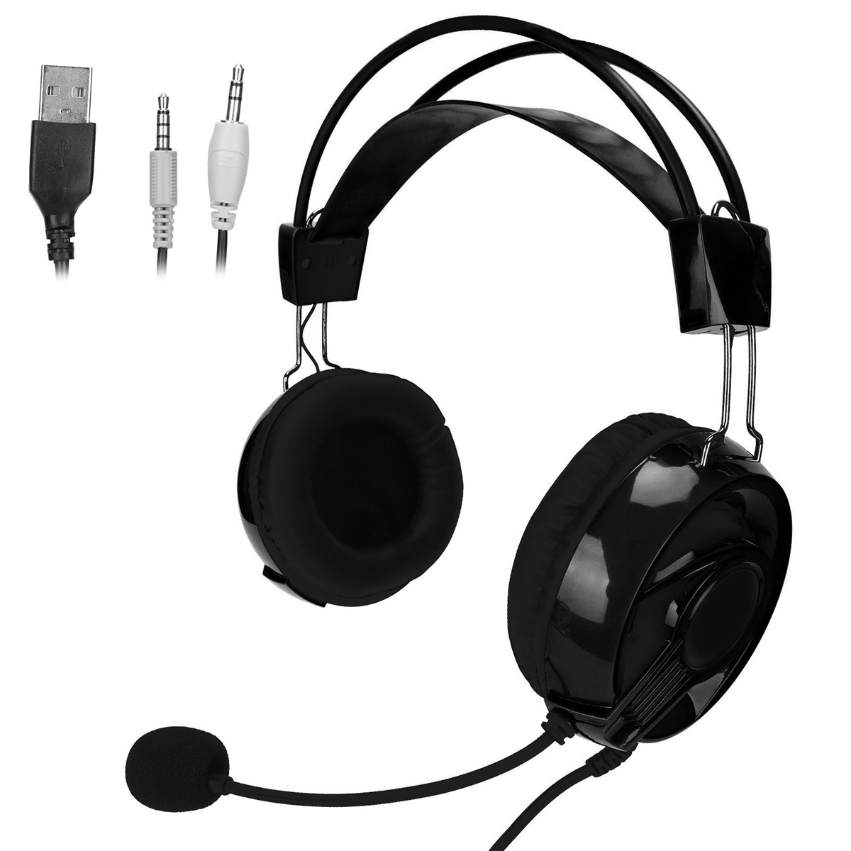 Schwarze Kopfhörer mit Mikrofon, USB- und Audioanschlüssen. Der Hintergrund ist weiß.