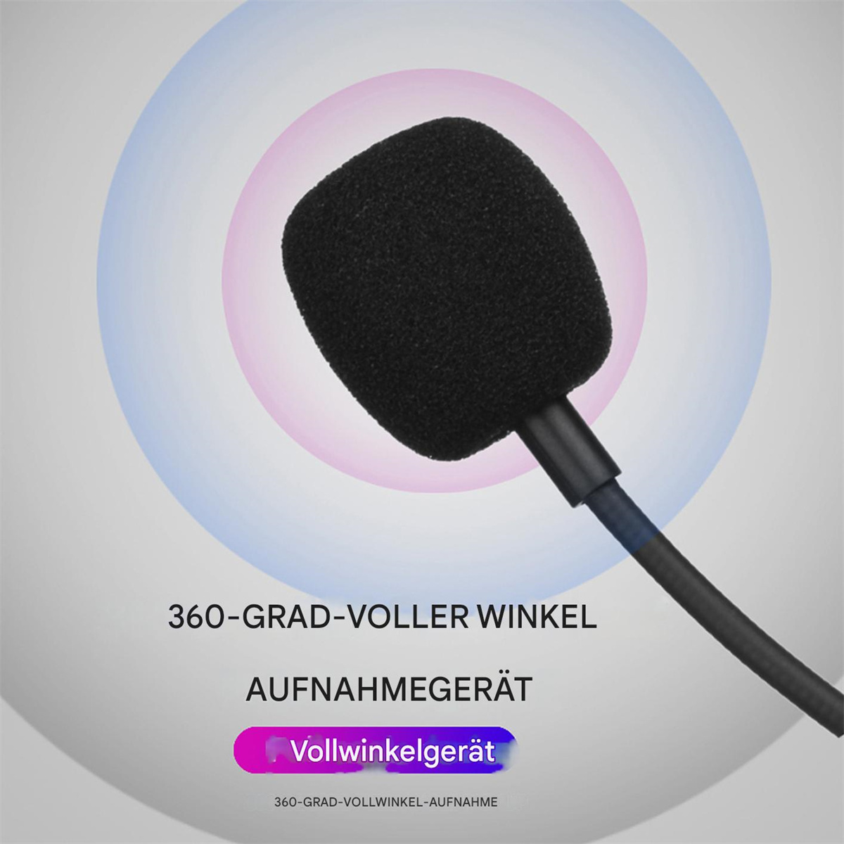 Ein schwarzes Mikrofon mit Schaumstoffabdeckung, mit blauen und rosa kreisförmigen Grafiken darum herum.
