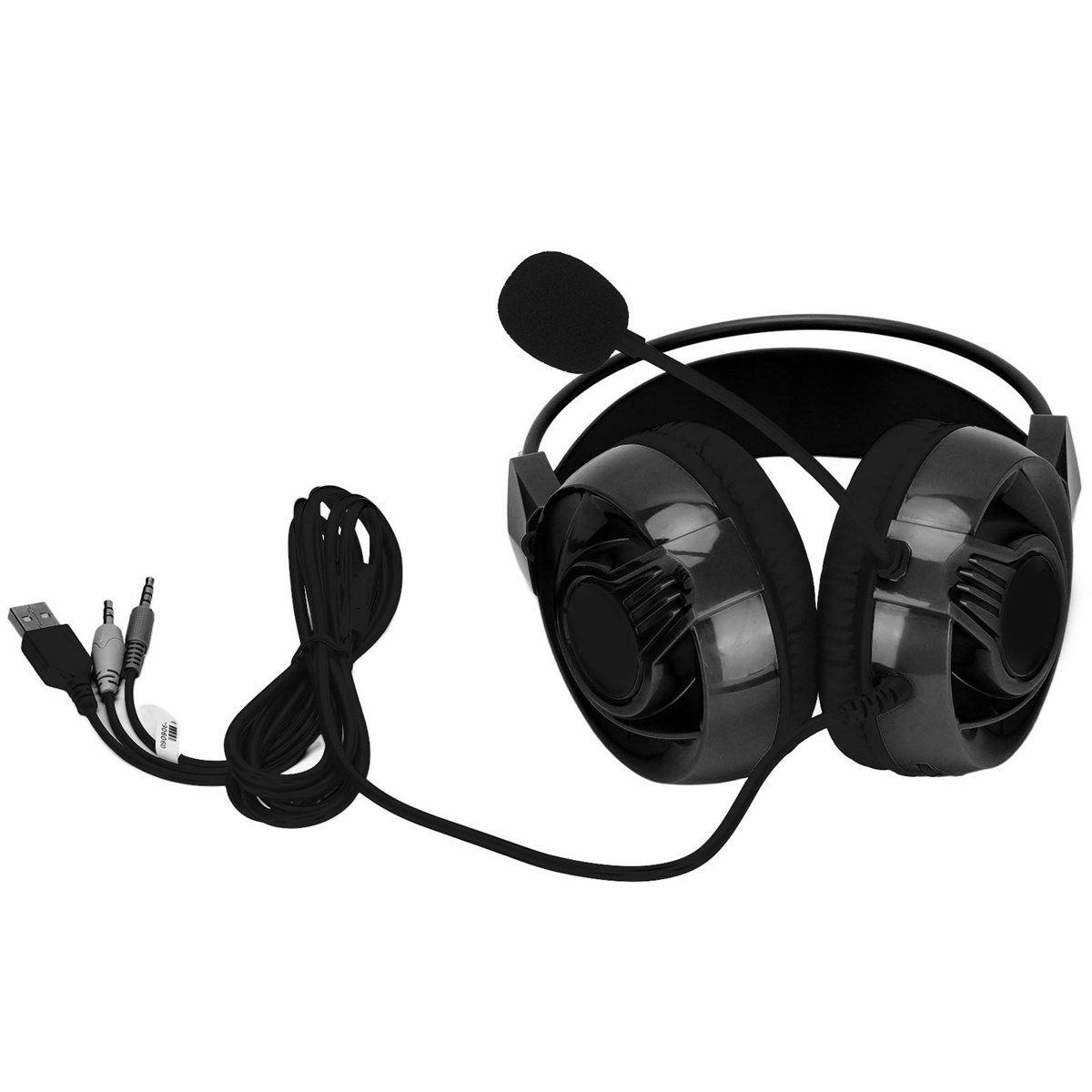 Schwarzes Gaming-Headset mit Mikrofon, angeschlossen an USB- und Audioanschlüsse.