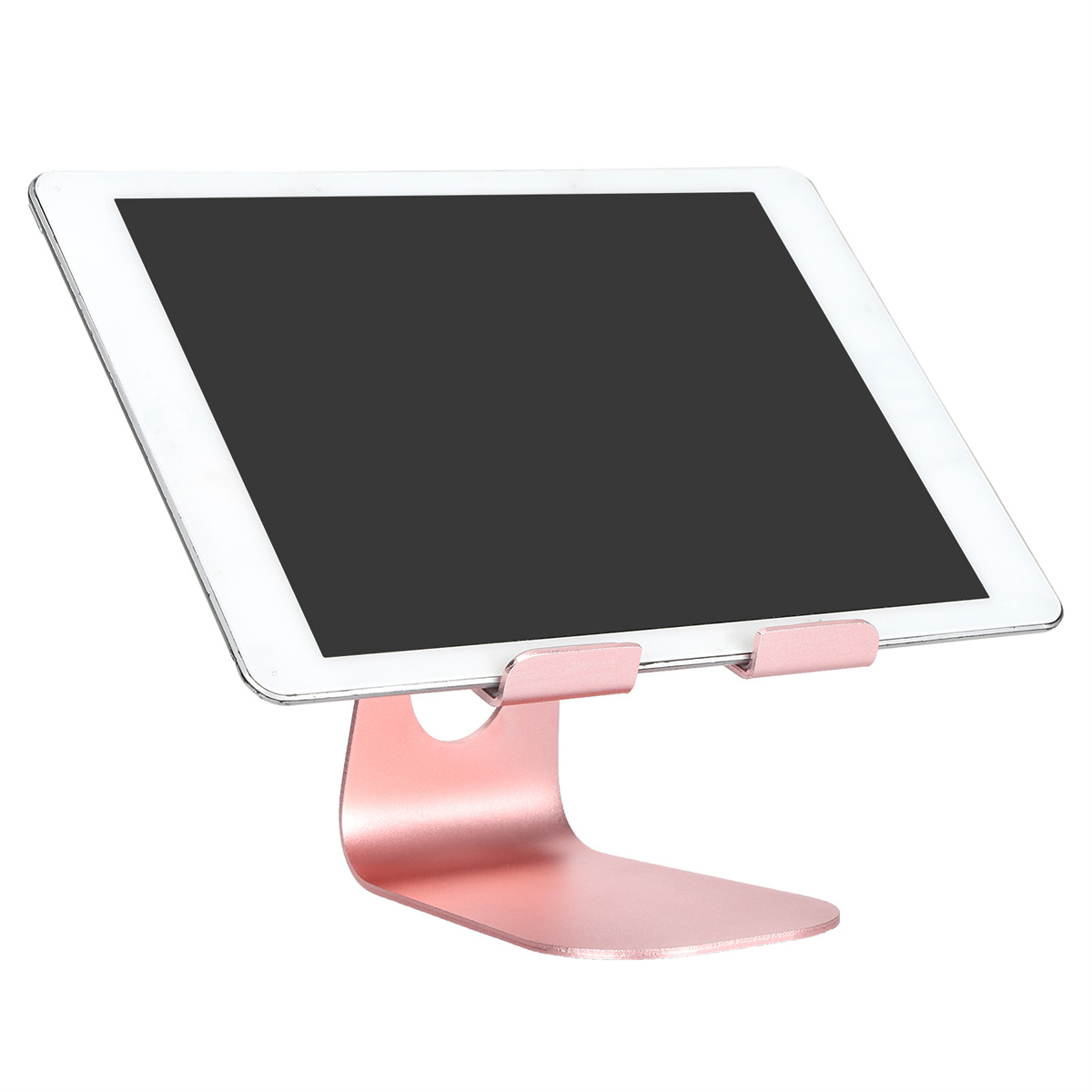 Ein Tablet in einem roségoldenen Ständer. Der Bildschirm ist schwarz. Der Ständer ist roségold und stützt das Tablet.