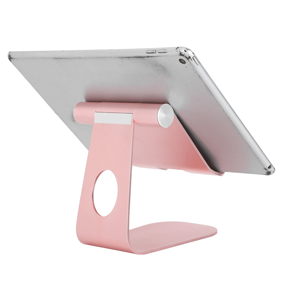 Pinkfarbener Tablet-Ständer mit Tablet. Der Ständer ist gebogen und trägt das Tablet.