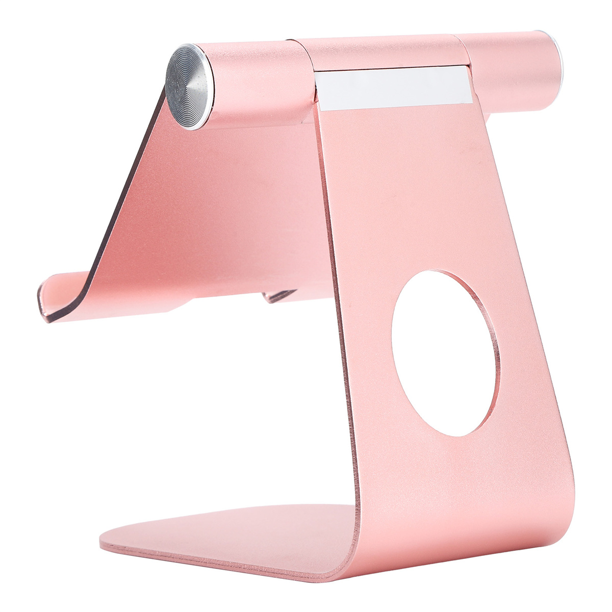 Rosa Telefonständer. Er ist verstellbar, aus Metall, mit gebogener Basis und Halterung.