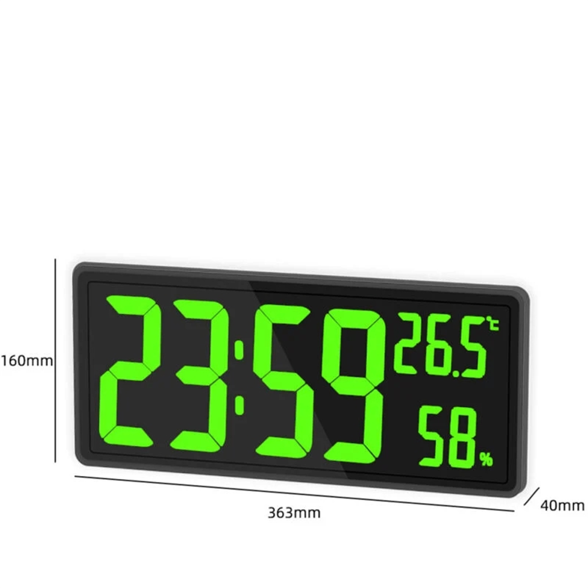 Schwarze Digitaluhr mit Anzeige von Zeit, Temperatur und Luftfeuchtigkeit mit Beschriftung.