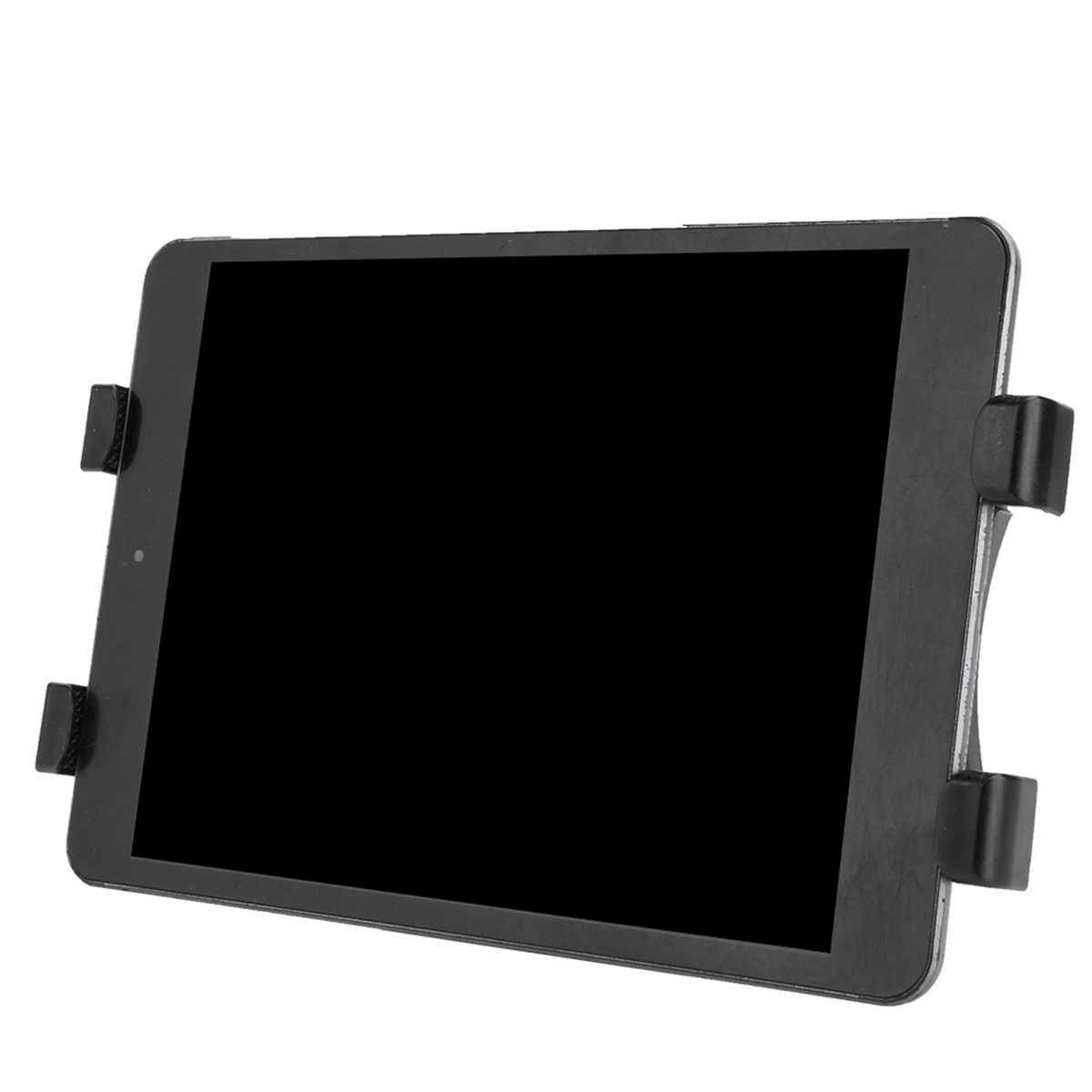 Ein schwarzes Tablet wird in einer schwarzen Halterung gehalten. Der Bildschirm ist leer.