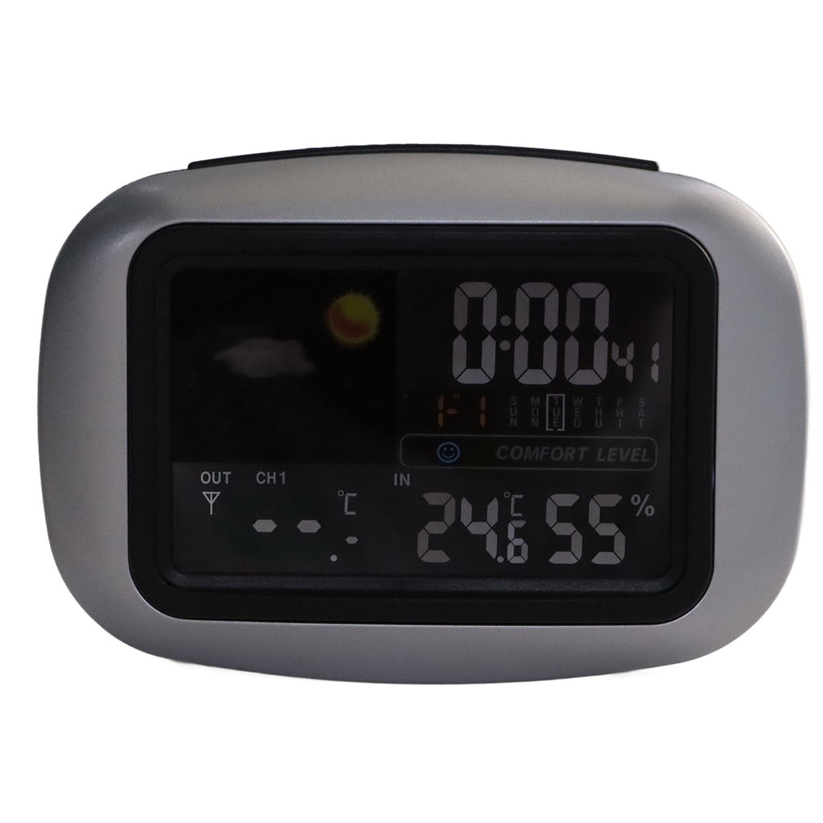 Eine silberne Digitaluhr. Die Uhr zeigt die Uhrzeit, Temperatur und Wettersymbole an. Der Hintergrund ist weiß.