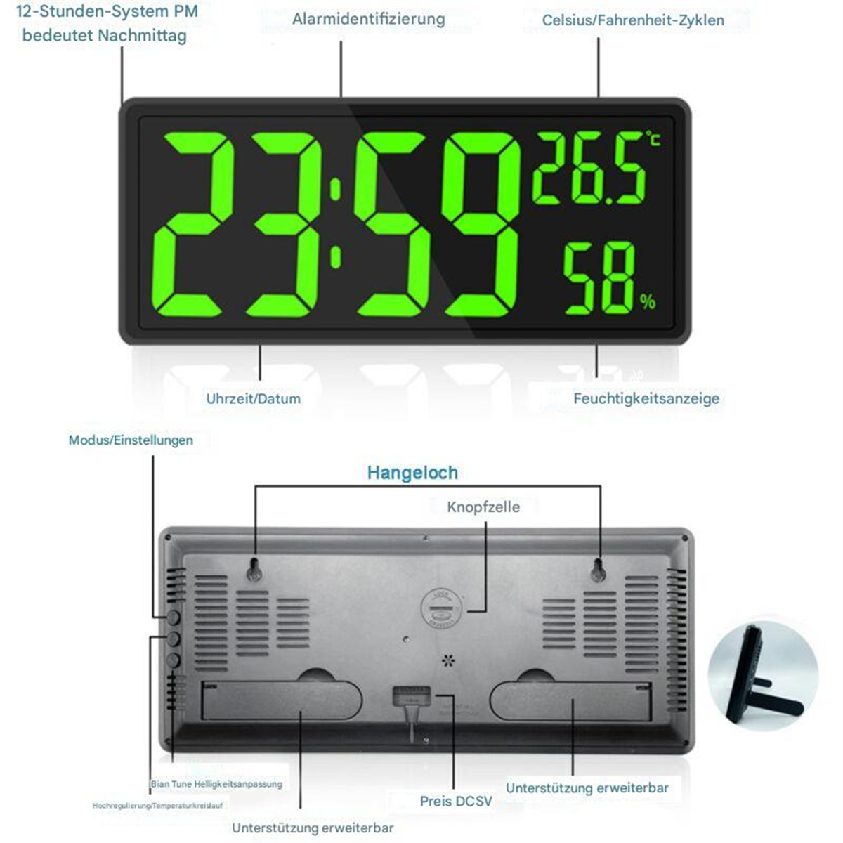 Digitaluhr mit Anzeige von Zeit, Datum und Temperatur, mit Beschriftungen auf Deutsch.