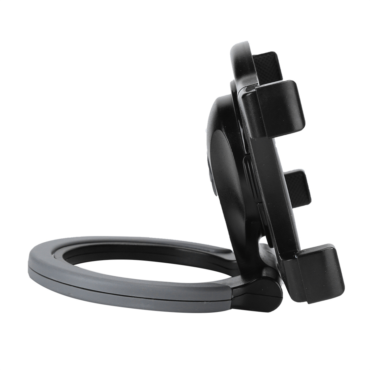 Eine schwarze Telefonhalterung mit grauem Ringfuß. Die Halterung ist abgewinkelt und hat zwei Arme.