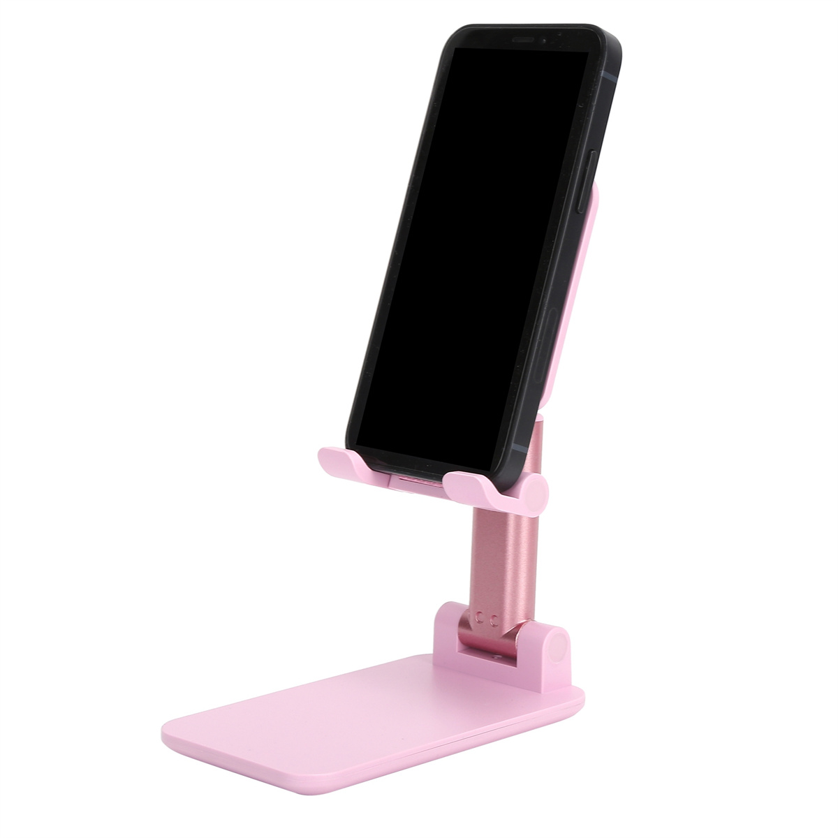 Ein rosa Telefonständer, der ein schwarzes Telefon hält. Der Ständer ist verstellbar und faltbar.