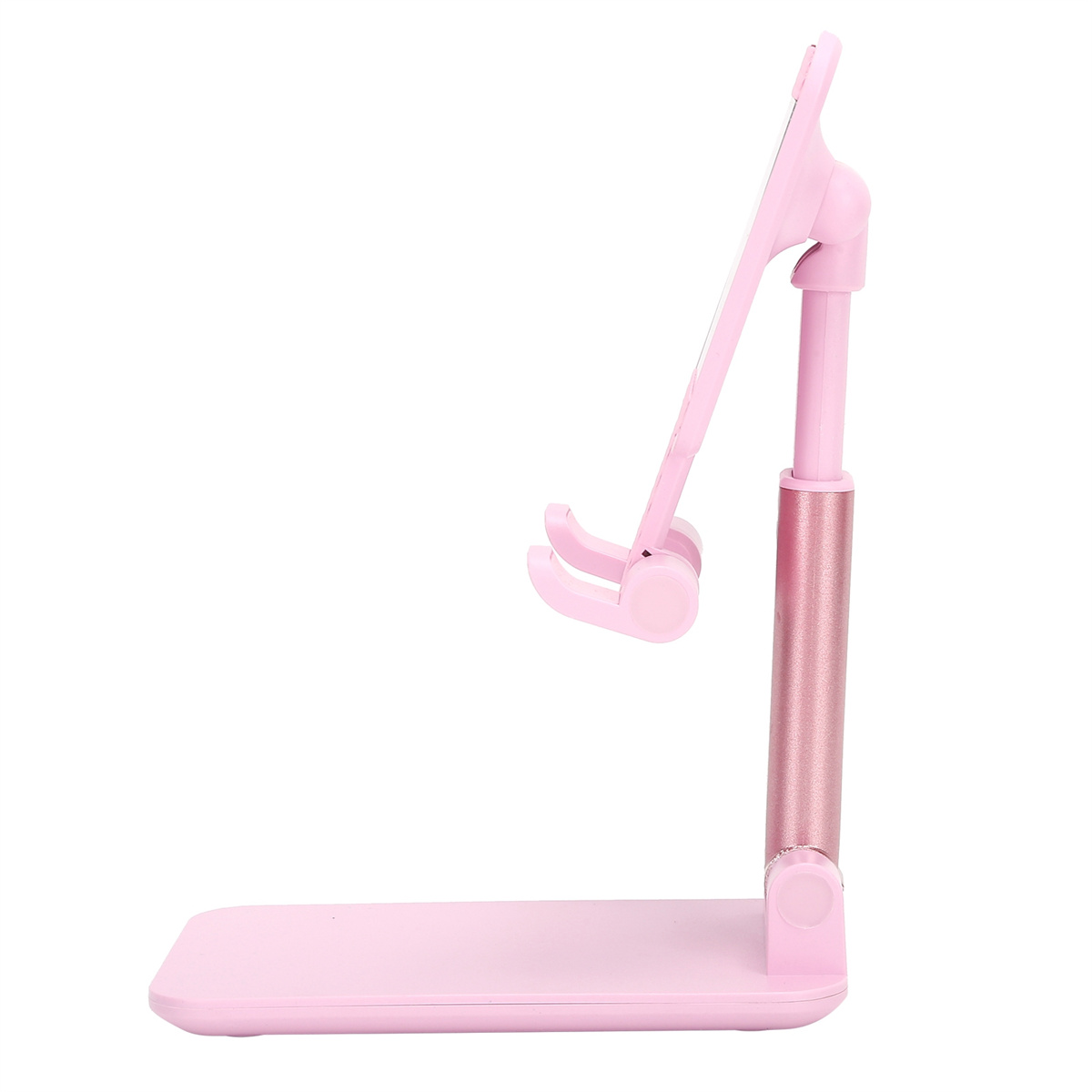 Pinker Tabletständer. Verstellbar, mit Fuß und Stützarm. Weißer Hintergrund.